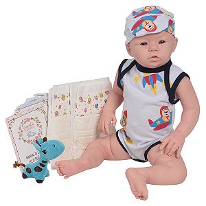 Boneco Bebe Reborn Realista Silicone 48cm Menino + Itens