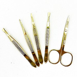 KIT 4 PINÇAS GOLD + TESOURA P/ SOBRANCELHAS GOLD