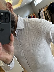 Camisa social masculina slim fit fibra de bambu branca quadriculada