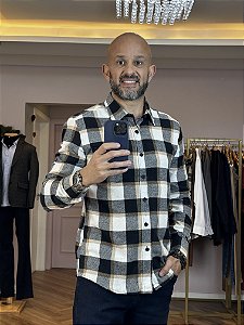Camisa masculina xadrez flanelada preto com bege