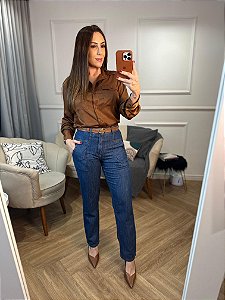 Calça jeans reta com cinto Ana
