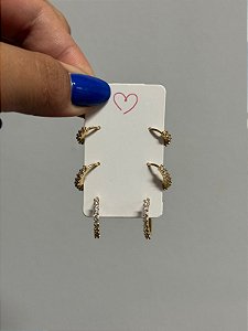 Brinco trio zircônia dourado
