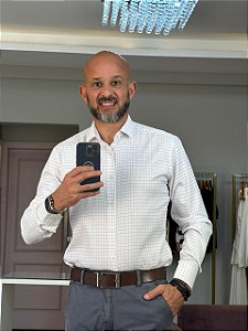 Camisa social masculina slim fit fibra de bambu xadrez cinza