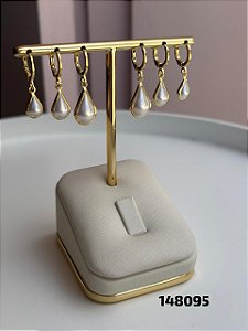 Brinco trio argola gota pérola dourado