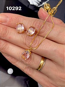 Conjunto oval rosa quartzo dourado