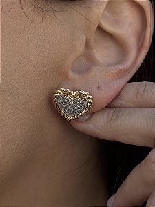 Brinco coração micro zircônia Bicolor