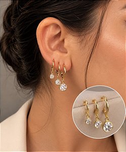 Trio de brincos argola cristais dourado