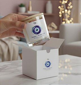 Vela Aromática Olho Grego, de Manga e Bergamota, 180g, na caixa - UMA MAYA