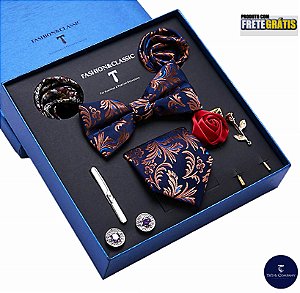 Kit de Luxo C/ 2 Gravatas azul & dourado de seda + Lapelas + Lenços de bolso + Abotoaduras + Prendedor
