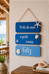 Placa Decorativa Náutica Azul Perto do mar Decoração de Parede em madeira