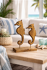 Pedestal Decorativo Cavalos Marinhos Decoração Náutica em Madeira