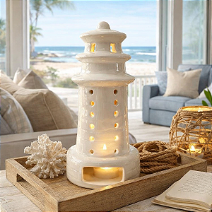 Farol Porta Velas Decorativo Branco Grande em Cerâmica