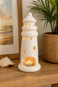 Farol Porta Velas Decorativo Branco Médio em Cerâmica