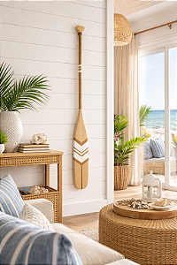 Remo Decorativo Bege e Branco 130 cm Decoração de Parede em madeira para Casa de Praia e Náutica