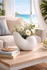 Vaso Decorativo Concha Nautilus Branca em Cerâmica