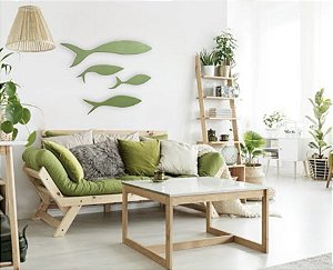 Kit 4 Peixes Verdes de Parede Decoração em Madeira