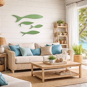 Kit 4 Peixes Verdes de Parede Decoração em Madeira