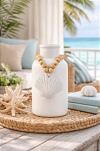 Vaso Decorativo Garrafa Branco com Colar de Concha