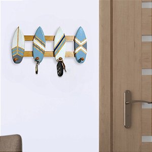 Porta Chaves e Cabideiro Prancha Azul 40 cm Decoração de Praia em madeira