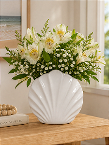 Vaso Decorativo Concha Modern Branco em Cerâmica