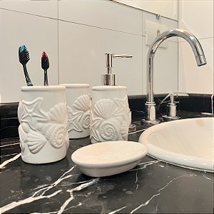 Kit de Banheiro de Cerâmica 4 Peças Conchas Branco Porta Sabonete Líquido /Saboneteira/Porta Escova/Porta algodão