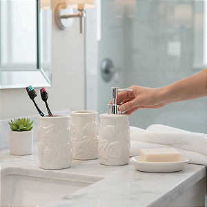 Kit de Banheiro de Cerâmica 4 Peças Conchas Branco Porta Sabonete Líquido /Saboneteira/Porta Escova/Porta algodão