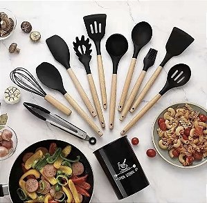 Jogo de Cozinha Preto Kit C/12 Peças de Silicone, Utensílios e Copo Suporte para Cozinha Cabo de Madeira