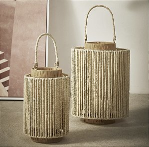 Lanterna em Fibra Natural com Suporte em Vidro para Velas