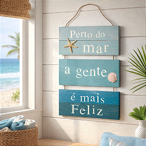 Placa Decorativa Náutica - Perto do Mar - 21,5 X 42 Cm