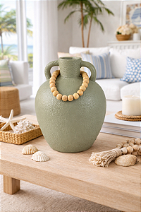 Vaso Decorativo Cinza com Colar de Madeira Grande
