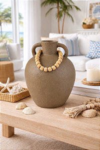 Vaso Decorativo Marrom com Colar de Madeira Grande