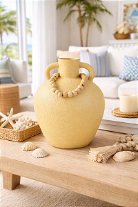 Vaso Decorativo Bege com Colar de Madeira Grande