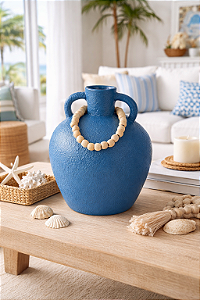 Vaso Decorativo Azul com Colar de Madeira Grande