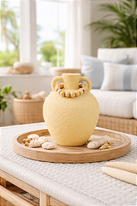 Vaso Decorativo Bege com Colar de Madeira Médio