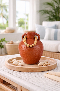 Vaso Decorativo Terracota com Colar de Madeira Médio
