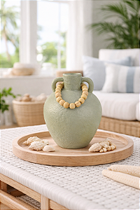 Vaso Decorativo Cinza com Colar de Madeira Médio