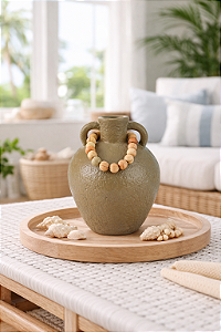 Vaso Decorativo Marrom com Colar de Madeira Médio