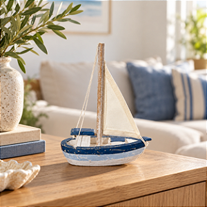 Enfeite Barco Jangada Azul e Branco 23 cm Decoração Náutica de Mesa