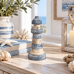 Enfeite Farol Azul Pátina 20 cm Decoração Náutica de Mesa