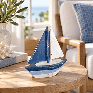 Enfeite Veleiro Azul e Branco 15 cm Decoração Náutica de Mesa