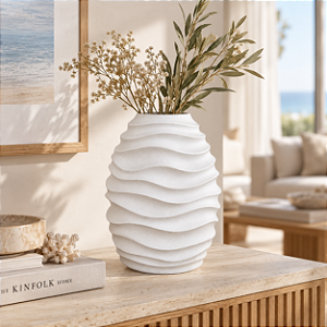 Vaso Ondas Decorativo Branco Grande em Cerâmica