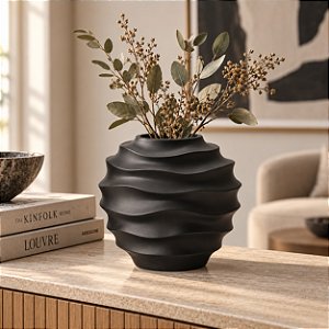 Vaso Ondas Decorativo Preto Médio em Cerâmica
