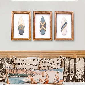 Kit 3 Quadros Prancha Azul Decoração Náutica de Parede