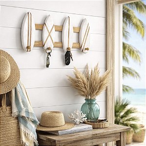 Porta Chaves e Cabideiro Prancha Branca 40 cm Decoração de Praia Náutica