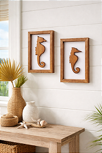 Kit 2 Quadros Cavalo Marinho Decoração Náutica de Parede