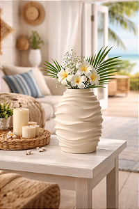 Vaso Ondas Decorativo Off White Grande em Cerâmica