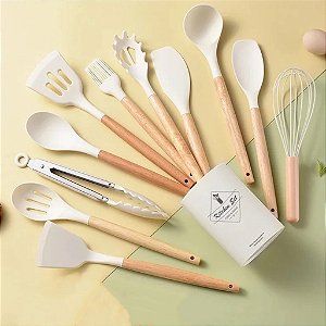 Jogo de Cozinha Off-white Kit C/12 Peças de Silicone, Utensílios e Copo Suporte para Cozinha Cabo de Madeira