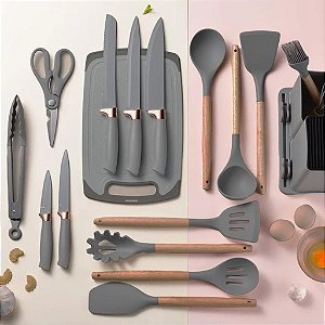 Kit Completo Jogo Utensílios de Cozinha Cor Grafite Luxo 19 Peças Com Tábua em Silicone Espátula Faca Tesoura