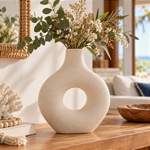 Vaso Boho Vazado Decorativo Off-White Grande em Cerâmica