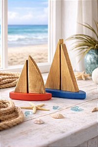 Kit 2 Veleiros Azul e Vermelho Decoração Enfeite Barquinhos Náutico